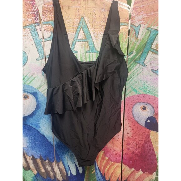 Women's Black Ruffle One-Piece Swimsuit With Adjustable Straps 20W - Picture 4 of 8